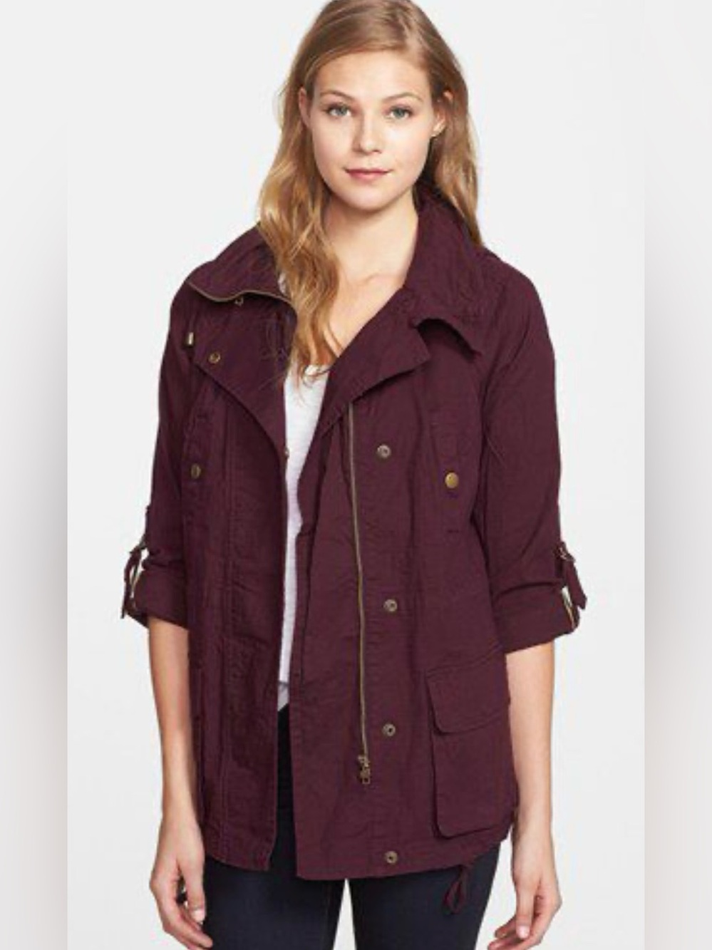 Willow & Clay Plum Utility Jacket with High Collar and retractable hood